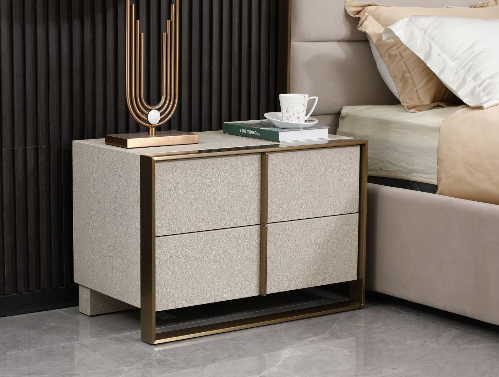 Lynus Beige Shagreen Vegan Leather and Brushed Brass Nightstand - Euro Living Furniture