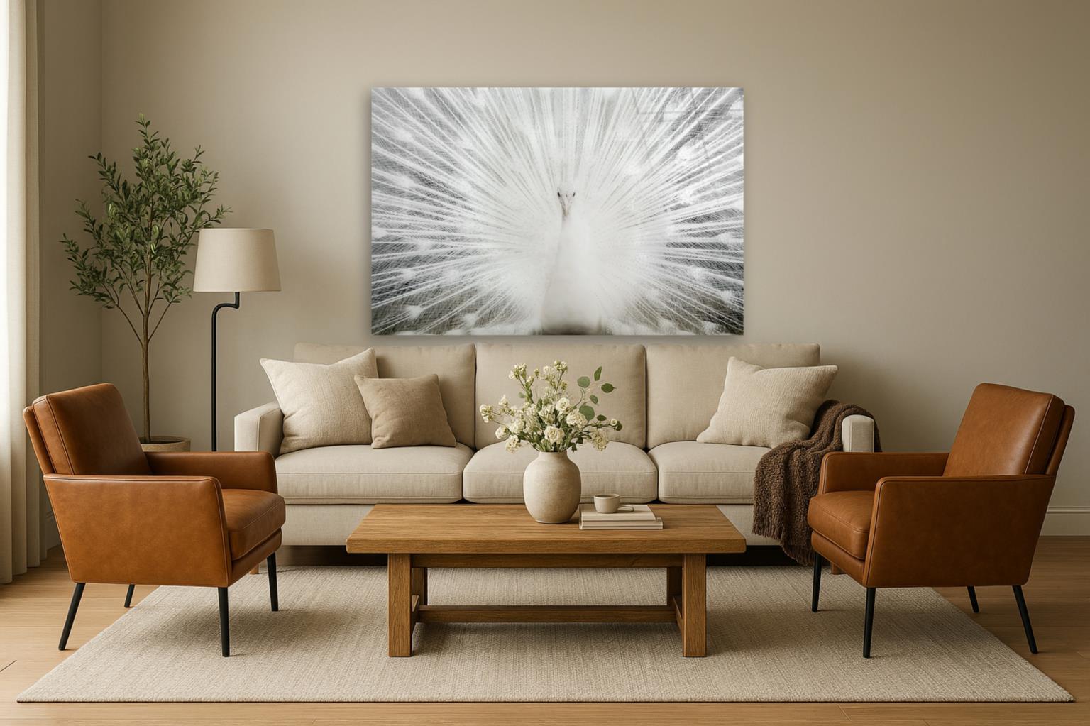 White Peacock Wall Art Tempered Glass - Euro Living Furniture