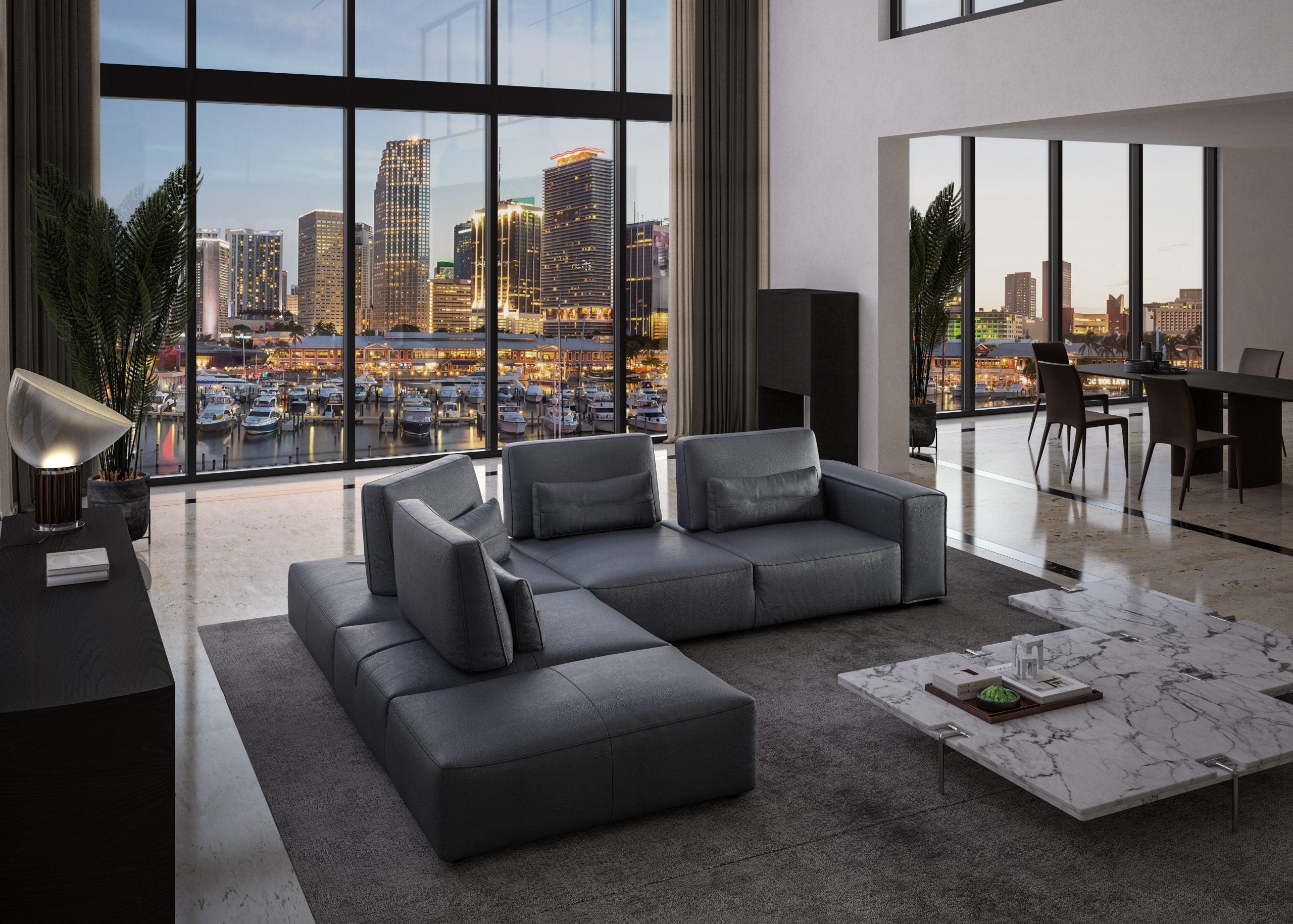 Florence leather sectional -  dark grey - Euro Living Furniture