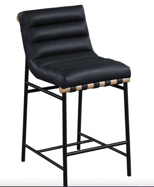 Blake leather counter stool in Black faux leather with black metal frame with oak wood accent - Euro Living Furniture