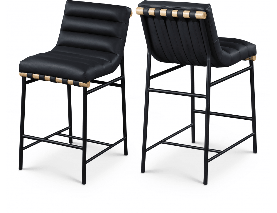 Blake leather counter stool in Black faux leather with black metal frame with oak wood accent - Euro Living Furniture