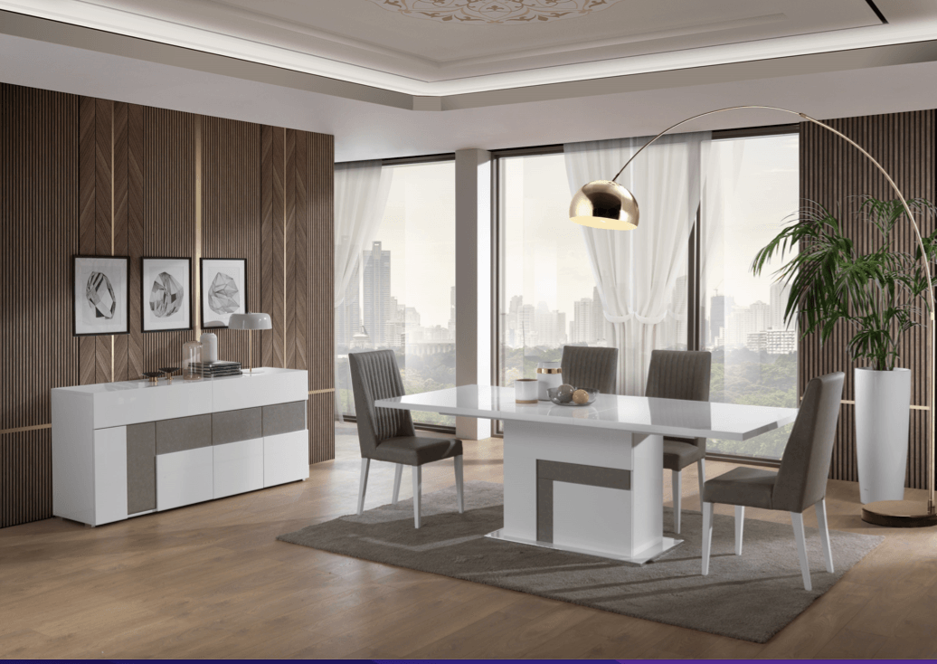 Lux Dining Chair collection in White High Gloss Laqour and Faux Taupe leather - Euro Living Furniture