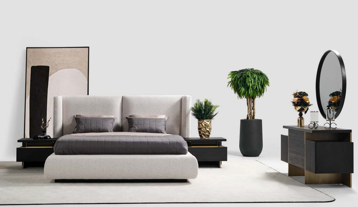 Eva Upholstered Collection KS + 2 NS LED+ Dresser Beige Fabric - Euro Living Furniture