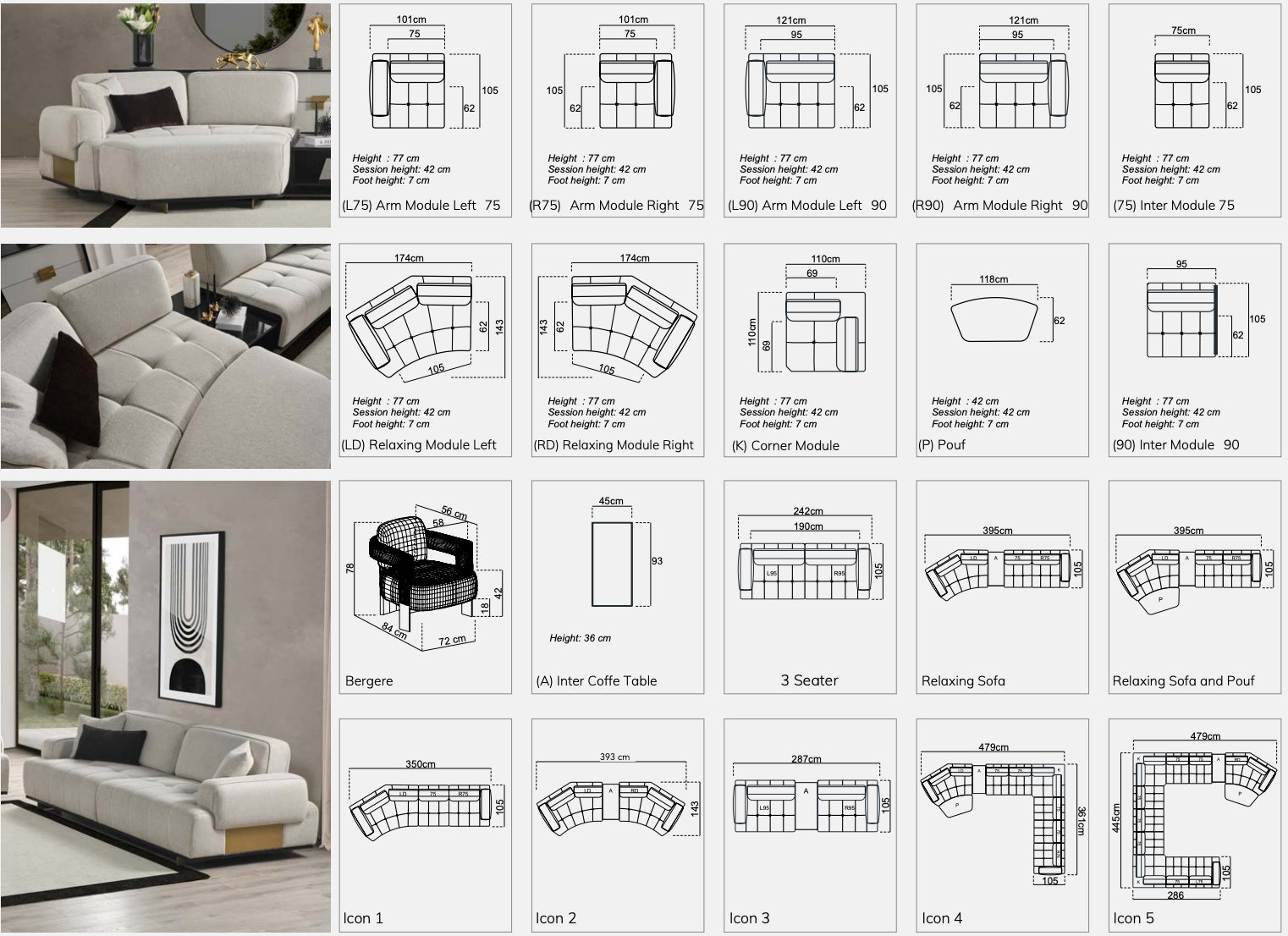 Icon Fabric Sofa 6 Pcs Beige - Euro Living Furniture