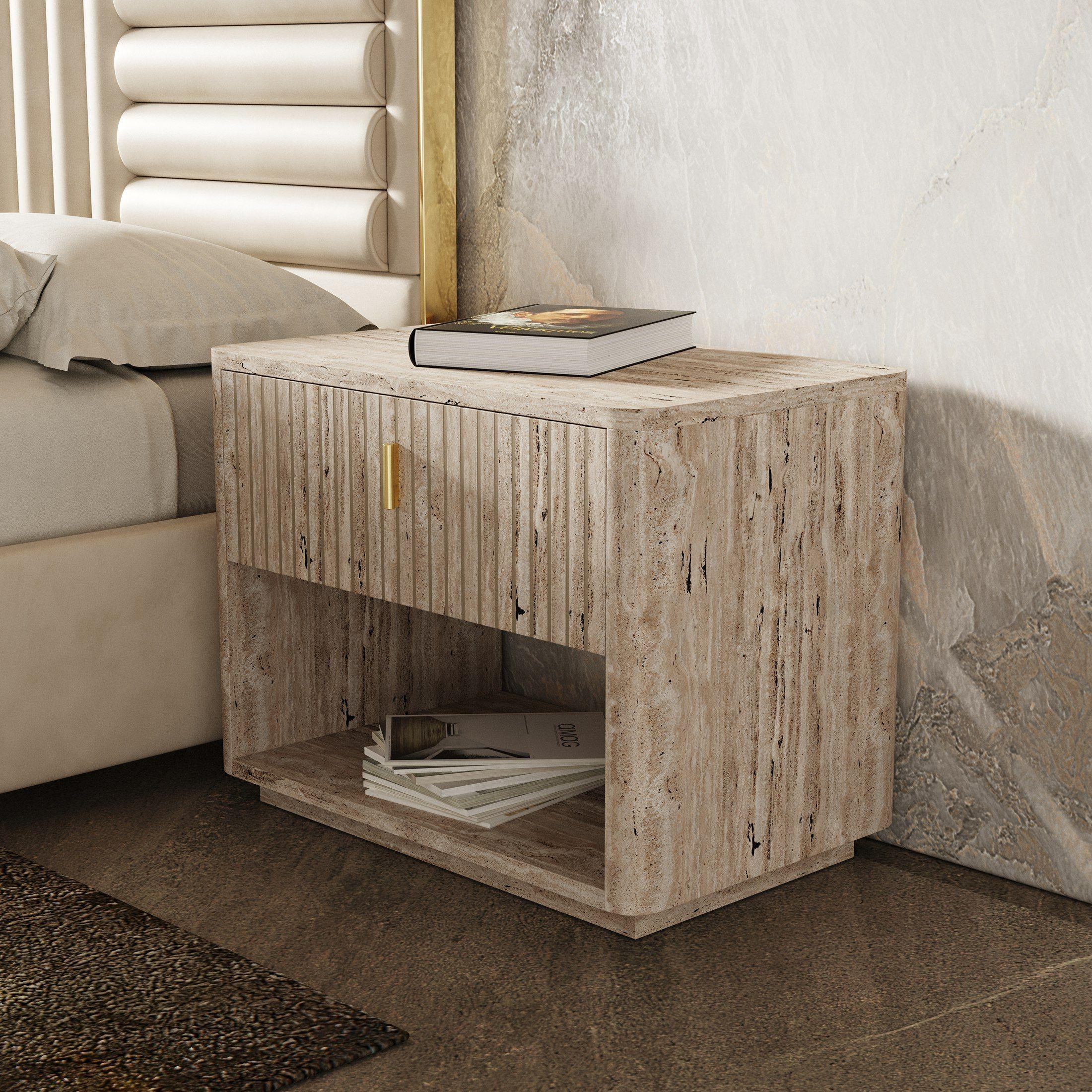 Rome Faux Travertine + Gold Nightstand - Euro Living Furniture