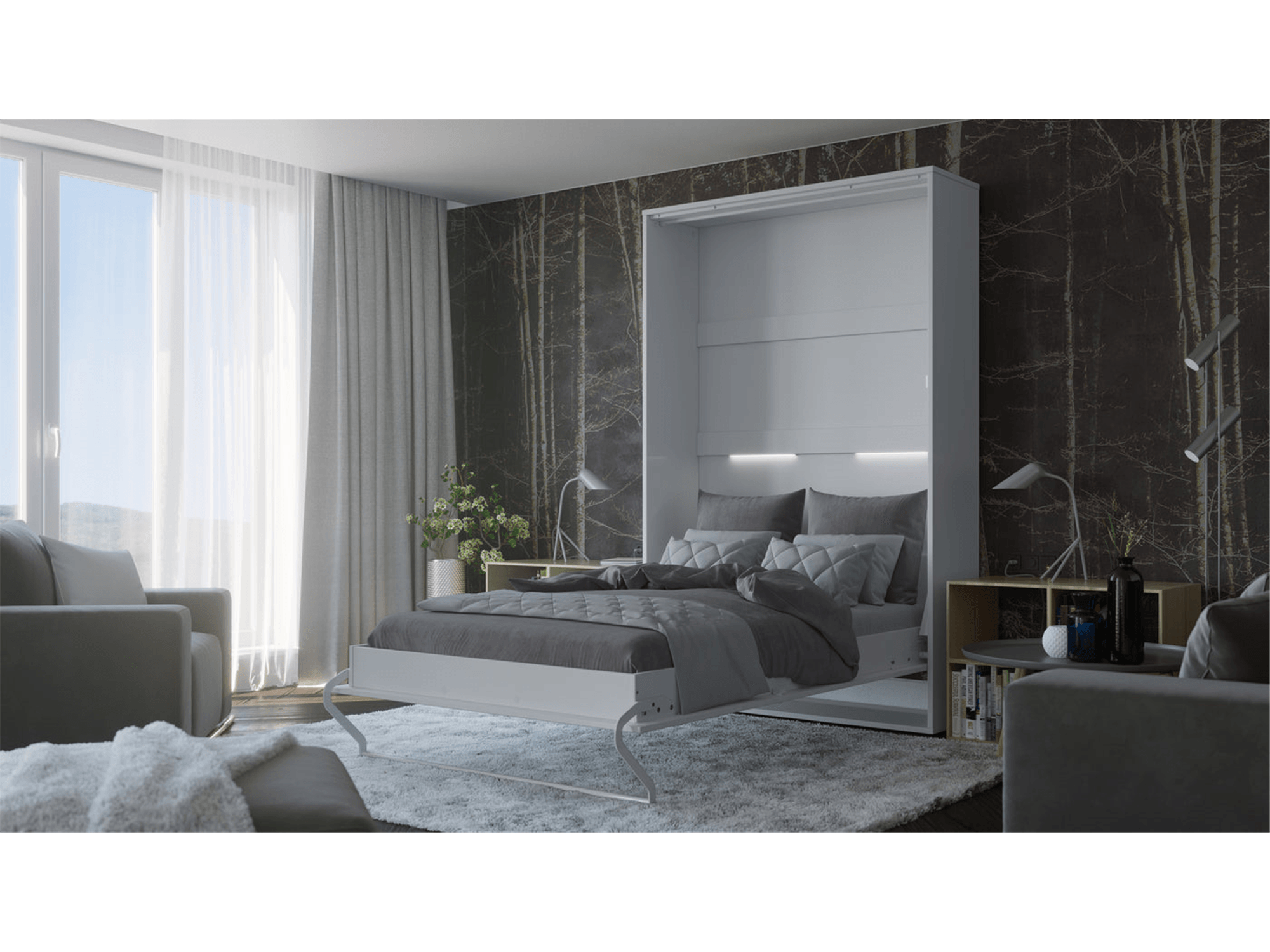 BETH Vertical European FULL size Wall Bed with LED - Euro Living Furniture
