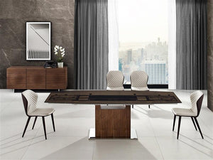 Oscar extendable motorized dining table in smoked glass with walnut base - Euro Living Furniture