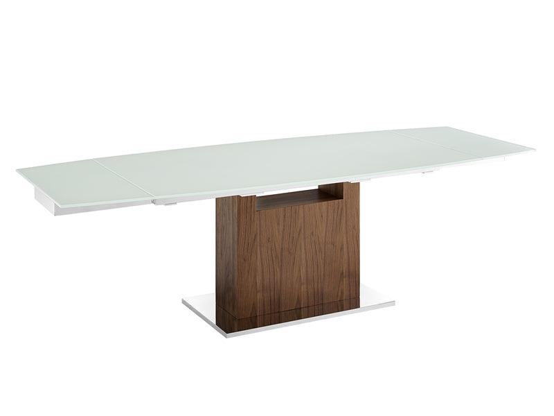 Oscar extendable motorized dining table in white glass with walnut base - Euro Living Furniture