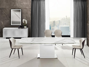 Oscar extendable motorized dining table in white marbled porcelain top - Euro Living Furniture