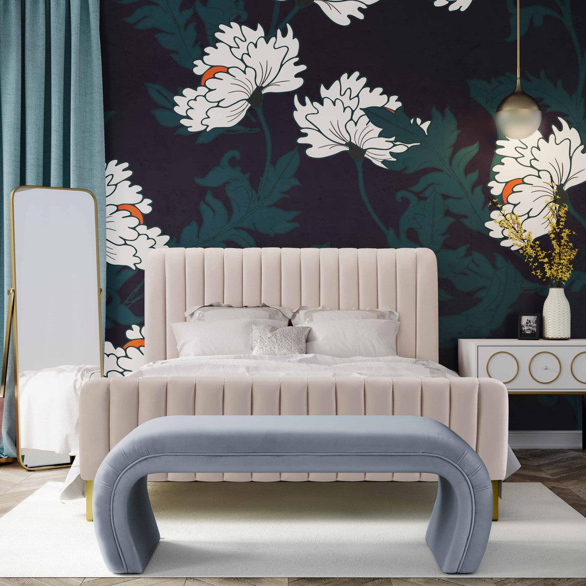 Kenny Sea Blue Velvet Bench - Euro Living Furniture