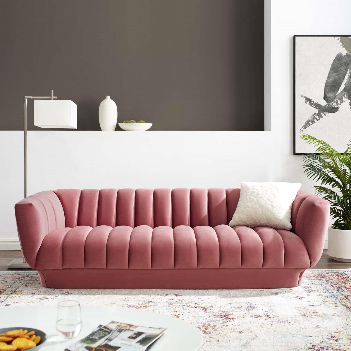 Entertain Vertical Channel Tufted Performance Velvet Sofa Dusty Rose