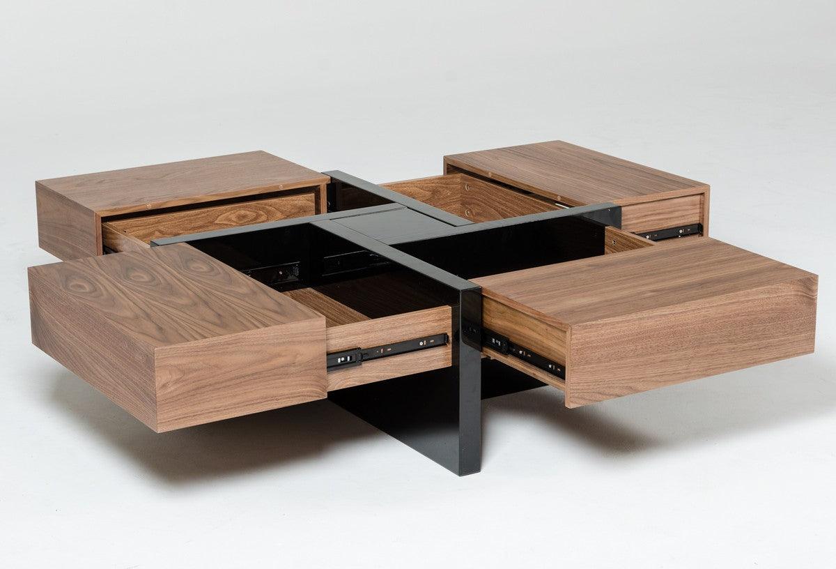 Malibu  Modern Walnut & Black Square Coffee Table - Euro Living Furniture